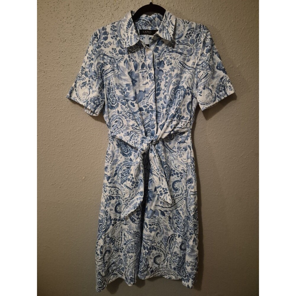 Lauren Ralph Lauren Paisley Tie-Front 100% Linen Shirt Dress 6 Pockets Preppy